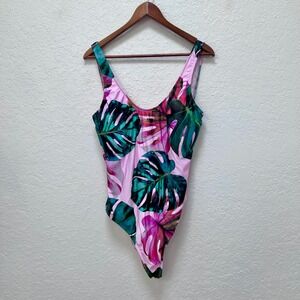 Decree Pink Tropical Monstera Leaf Strappy Back One Piece Swimsuit Beach XXL